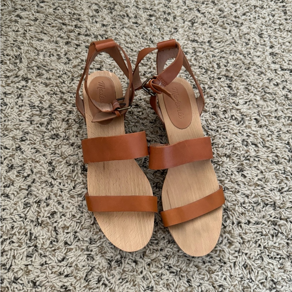 Madewell Tan Leather Strappy Wood Footbed Sandals